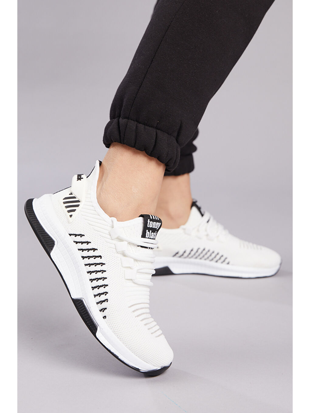 Unisex Beyaz Siyah File Poli Taban Tekstil Kumaş Bağcıklı Spor Ayakkabı