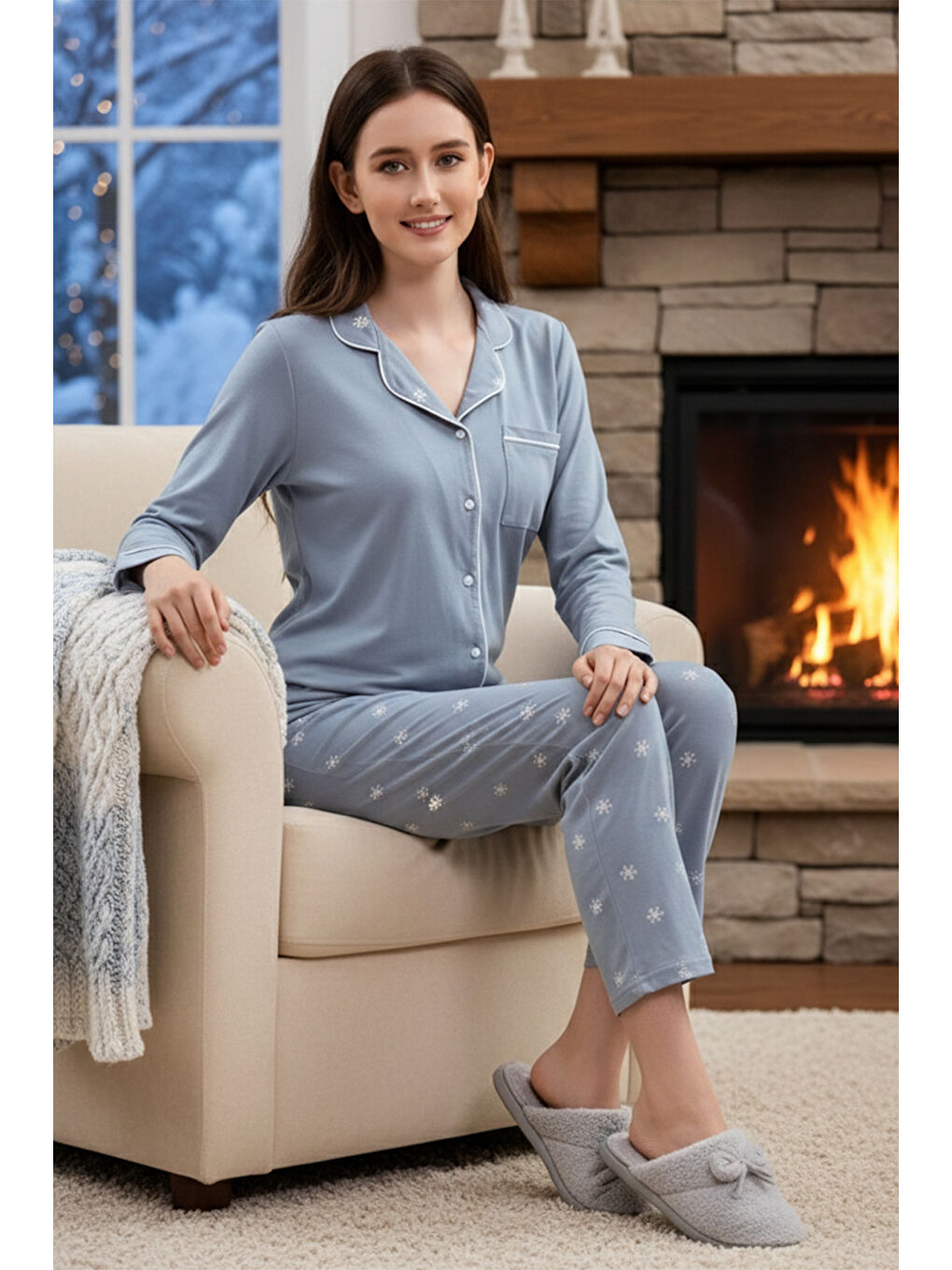 Kadın Desenli Önü Düğmeli Yumuşak Milan Kumaş Pijama Takımı 250360 Bebe Mavisi-3