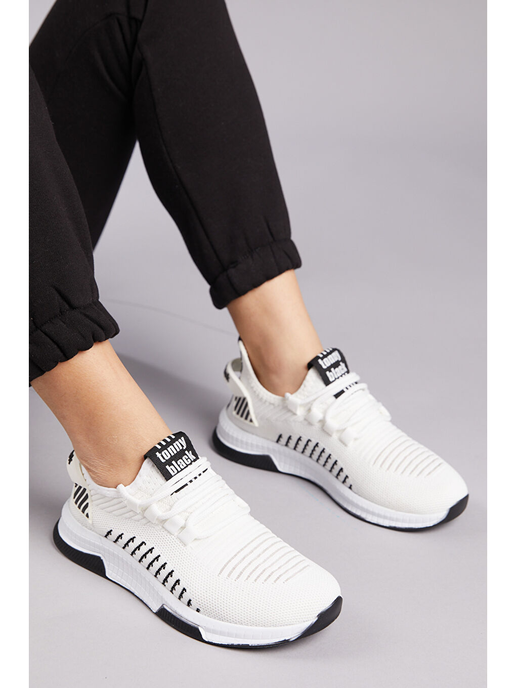 Unisex Beyaz Siyah File Poli Taban Tekstil Kumaş Bağcıklı Spor Ayakkabı-1