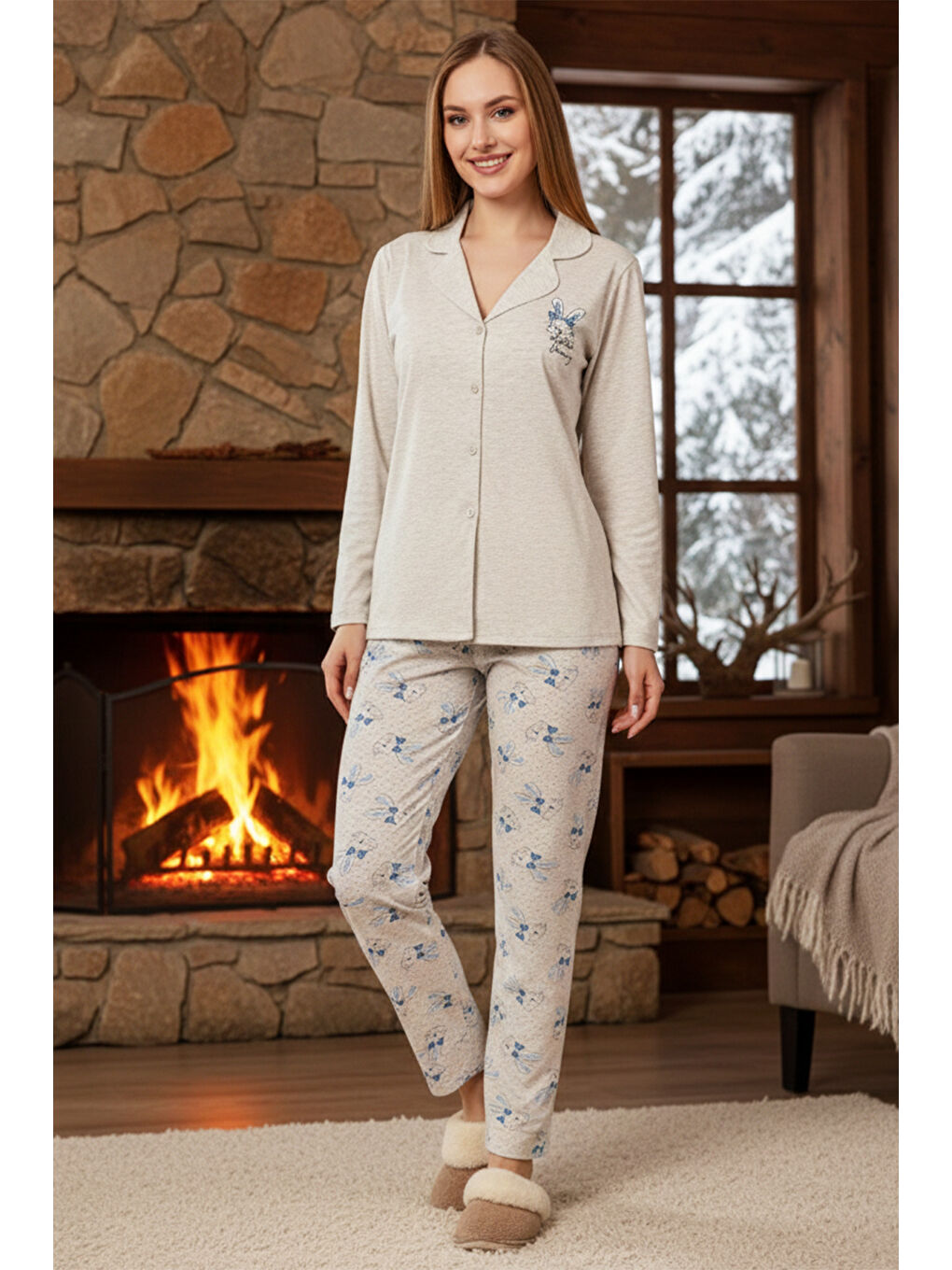 Bej Kadın Tavşan Desenli Suprem Pijama Takımı 0528 Vizon09-1