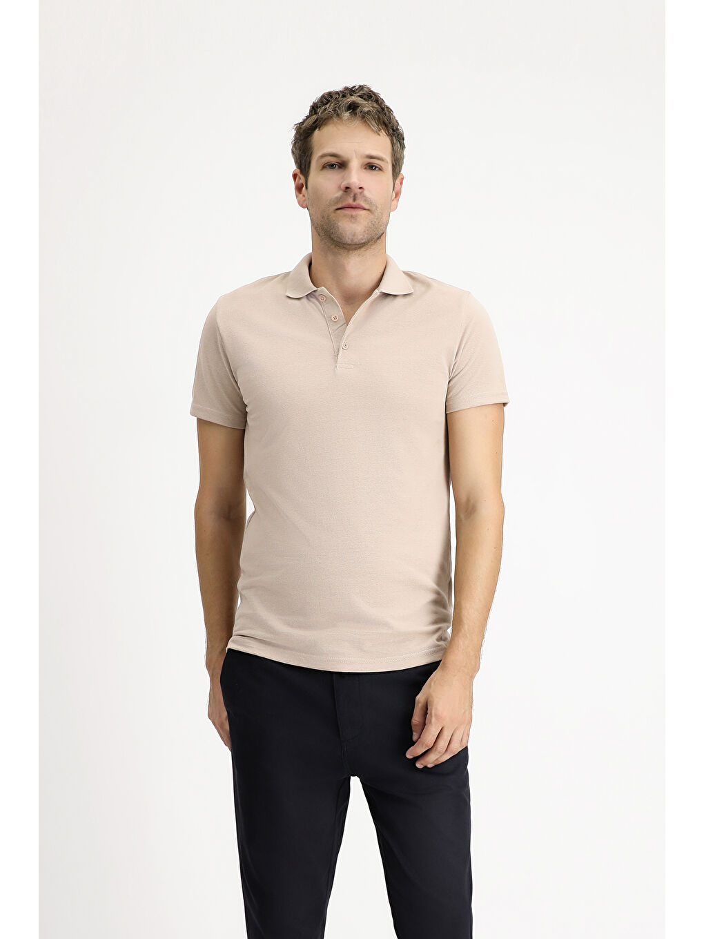 Bej Polo Yaka Regular Fit Nakışlı Pamuklu Büyük Beden Tişört-6