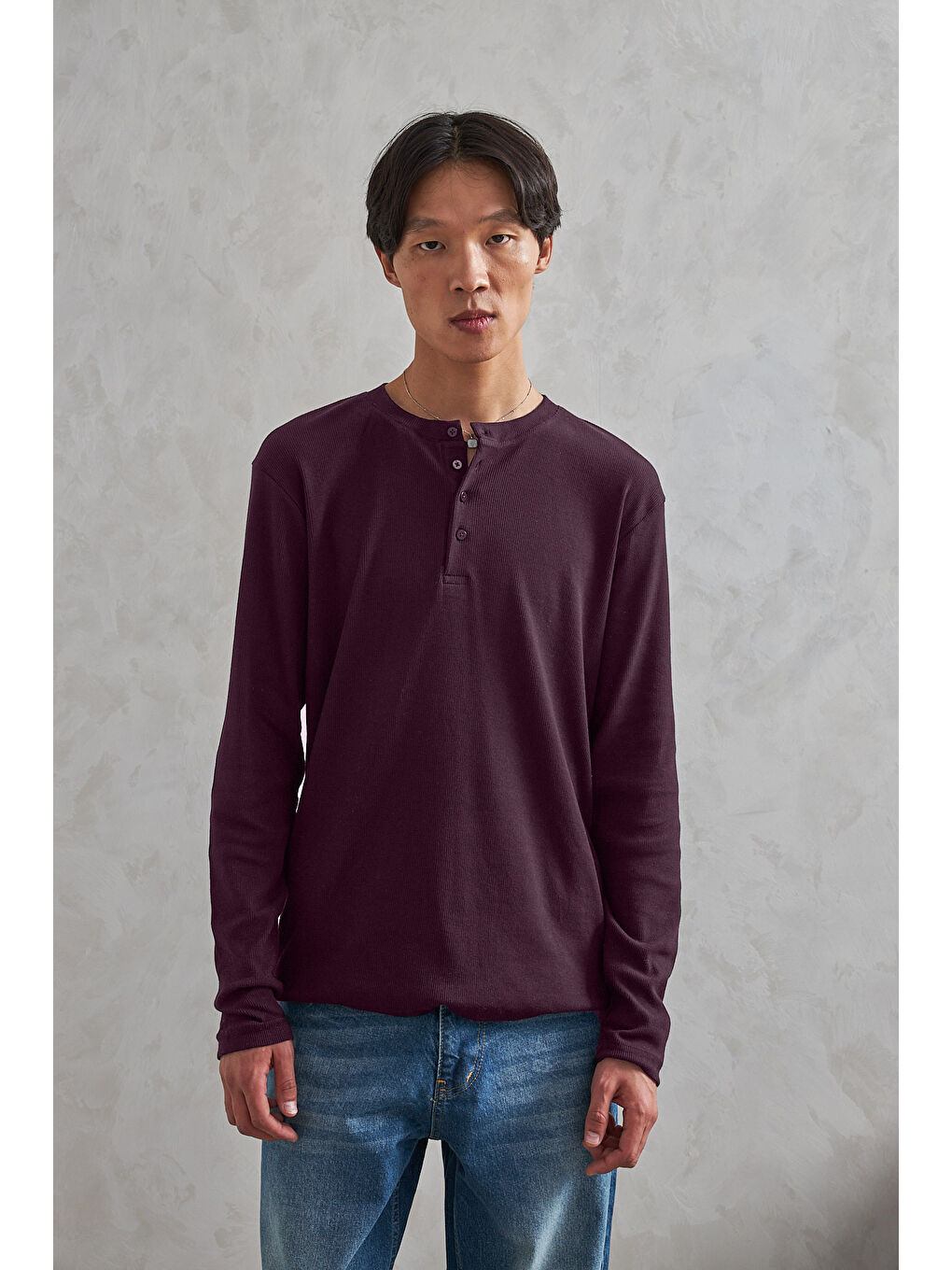 Bordo Erkek Henley Yaka Düğmeli Penye Bluz