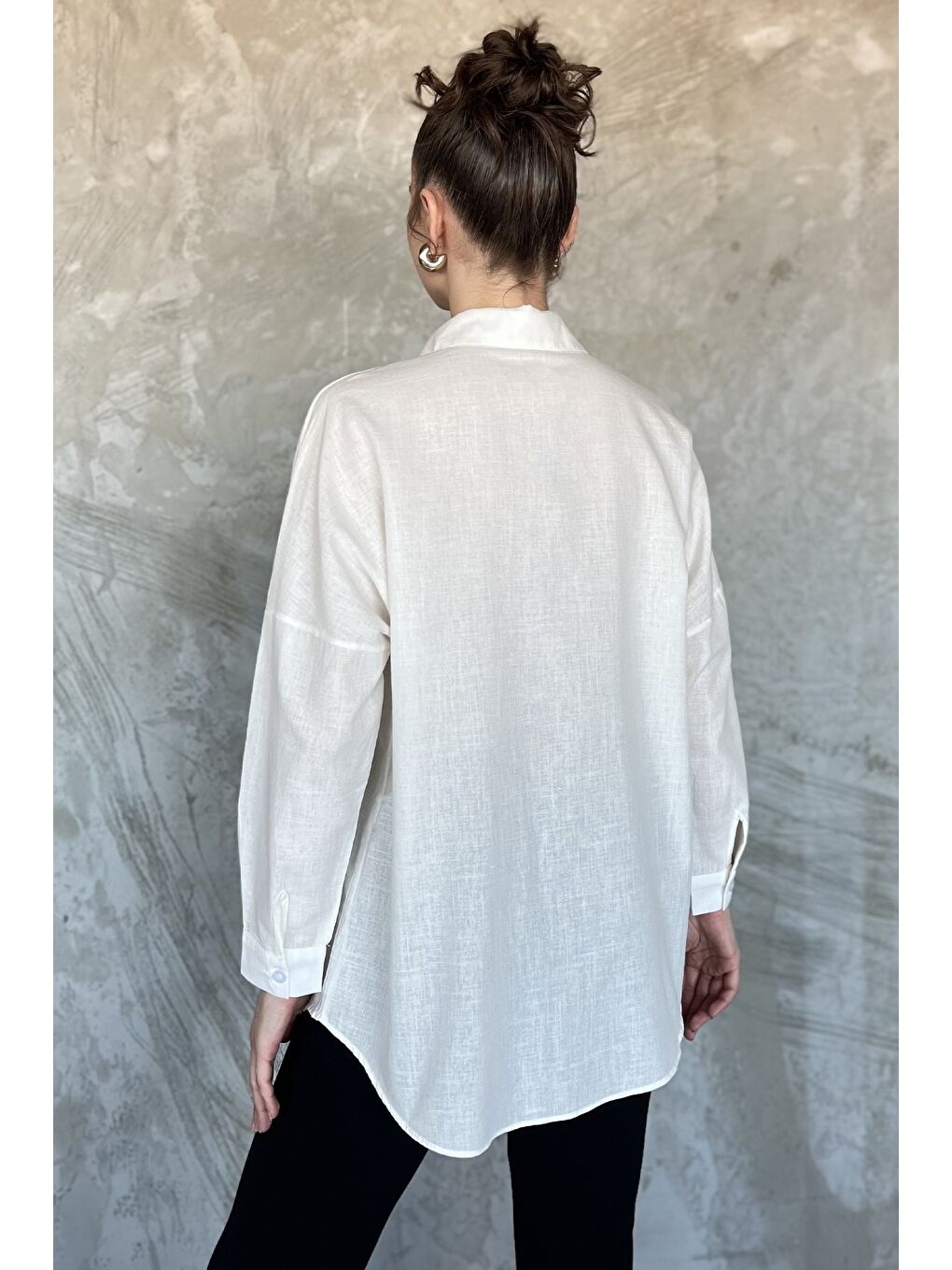 Ekru Kadın Uzun Kol Keten Gömlek-2
