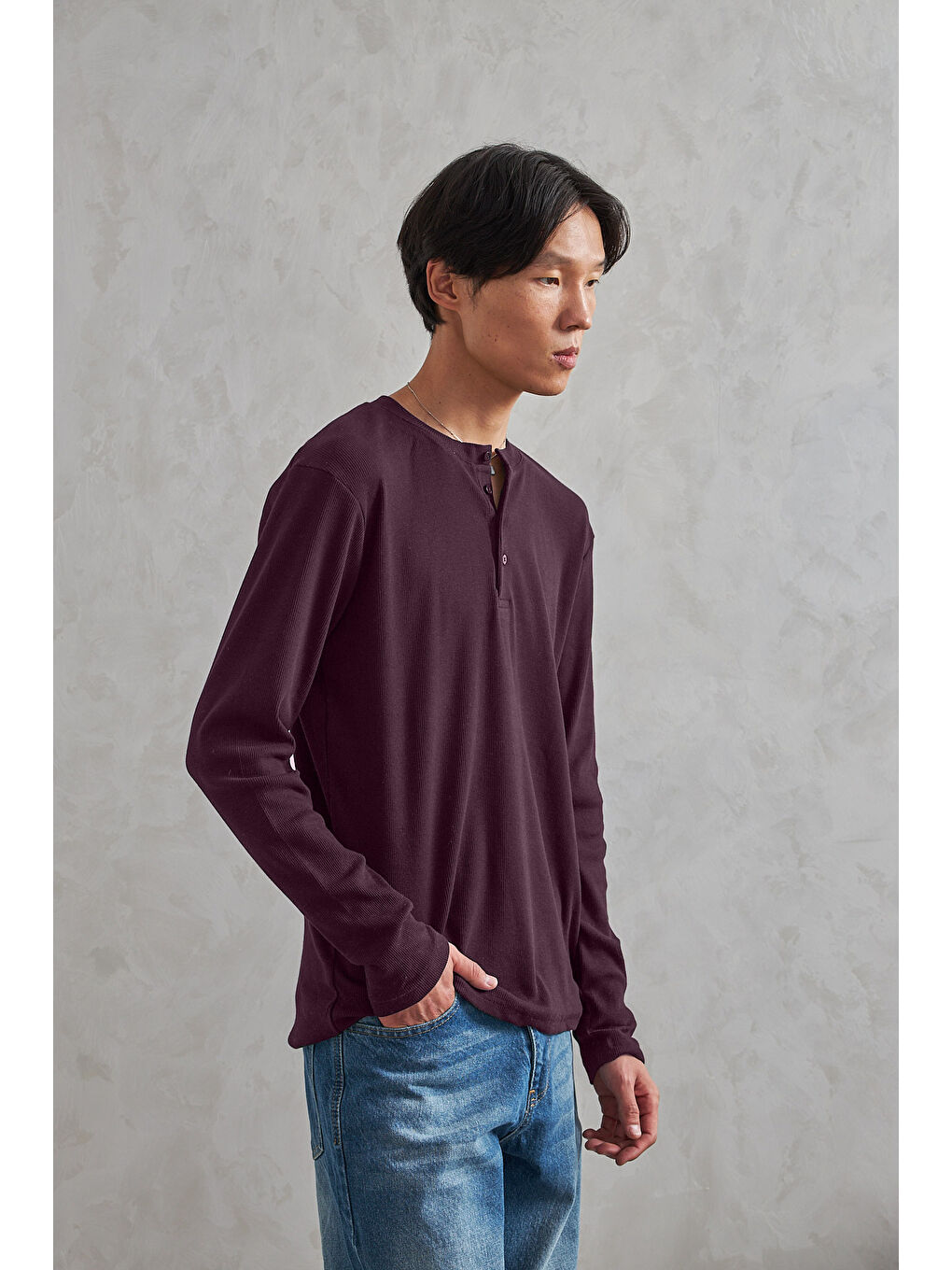 Bordo Erkek Henley Yaka Düğmeli Penye Bluz-1