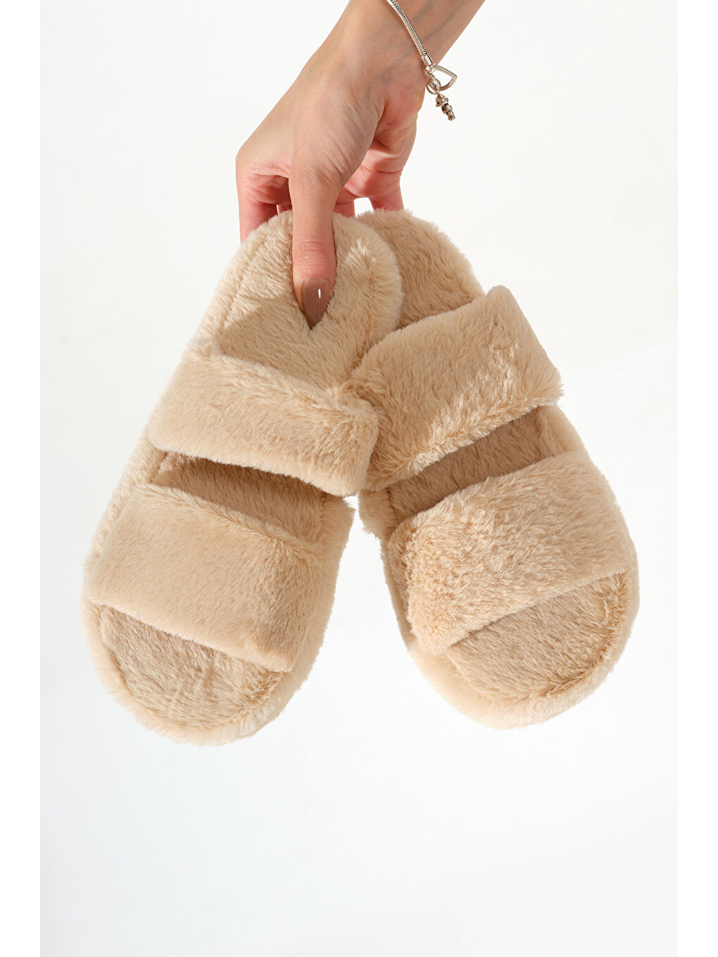 Kadın Bej Çift Bantlı Pelüş Ev Terliği-1