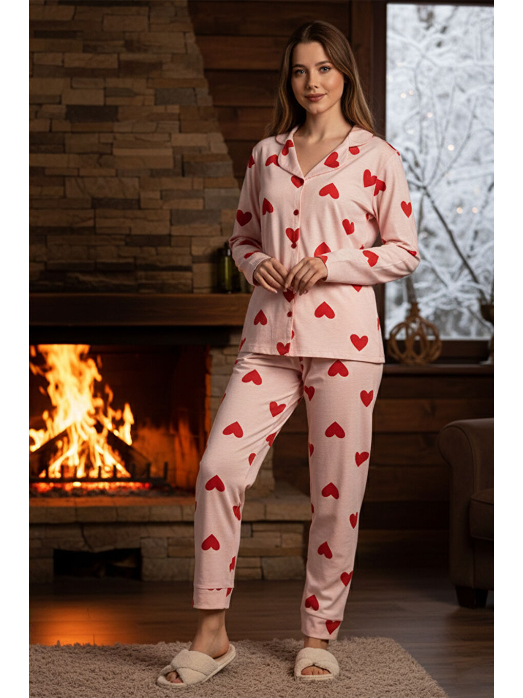 Kadın Kalp Desenli Suprem Pijama Takımı 0323 Pembe13-2