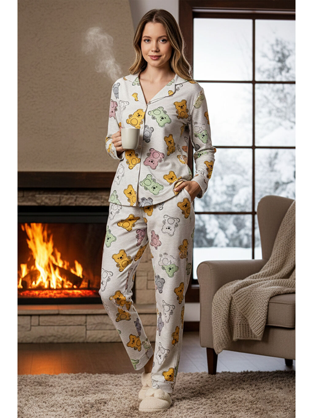 Kadın Ayıcık Desenli Suprem Pijama Takımı 0373 Bej01-3