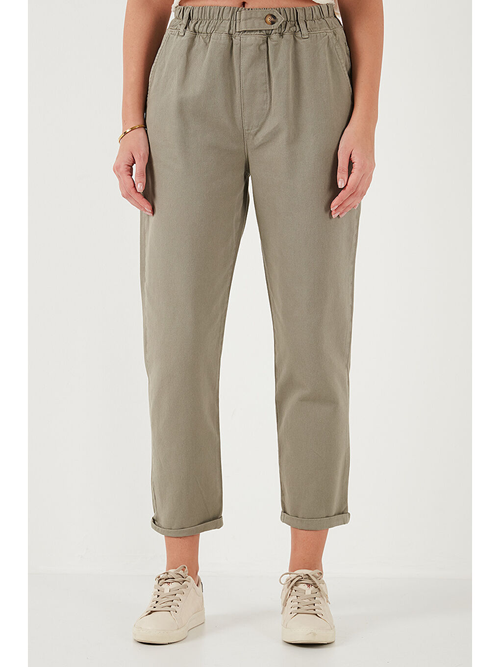 Haki Pamuklu Standart Fit Yüksel Bel Düz Paça Kadın Pantolon 668YP4924-2