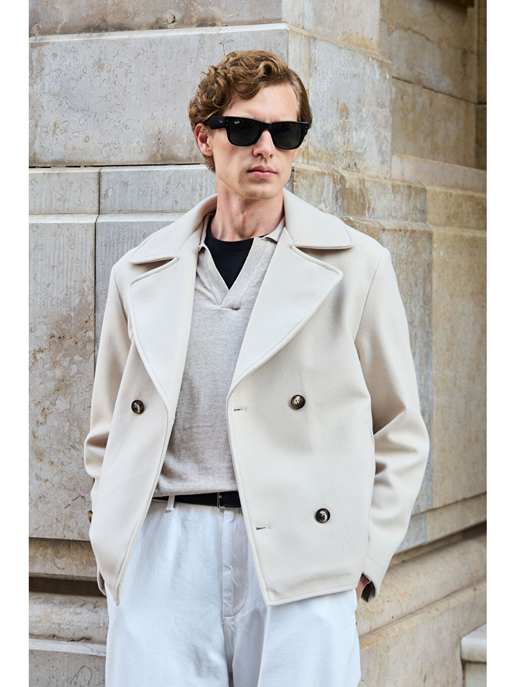 Erkek Kruvaze Kaşe Mont Ceket Ekru-1
