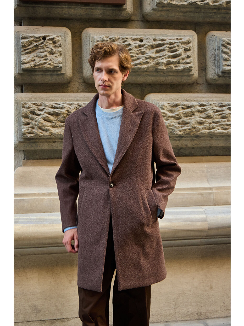 Erkek Rahat Kesim Kaşe Palto Kahverengi-1