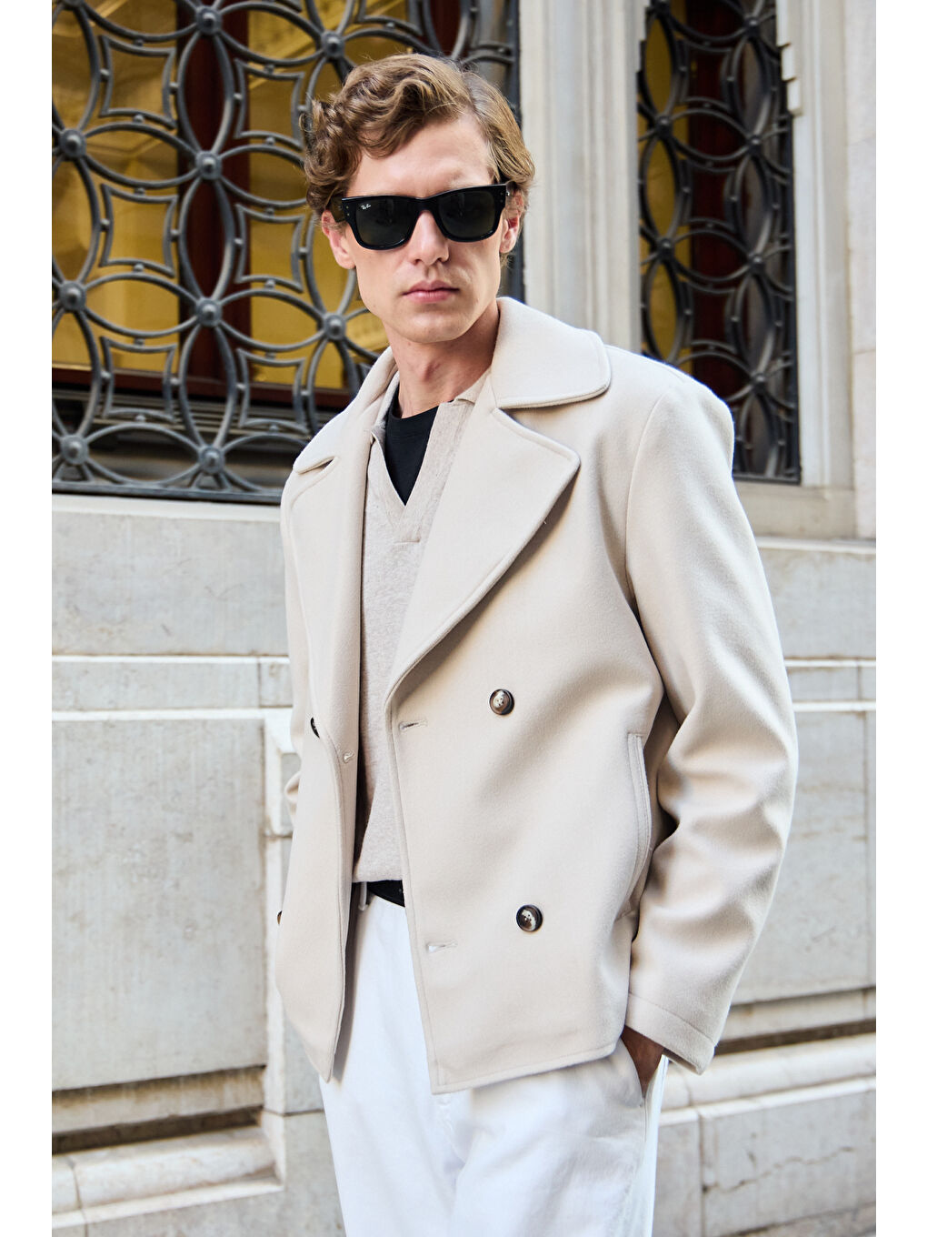 Erkek Kruvaze Kaşe Mont Ceket Ekru