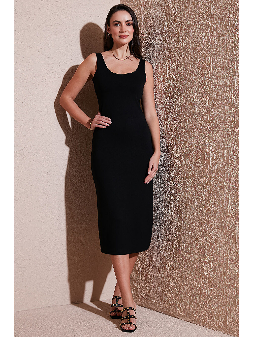 Siyah Slim Fit Kalın Askılı Midi Kadın Elbise 5866154