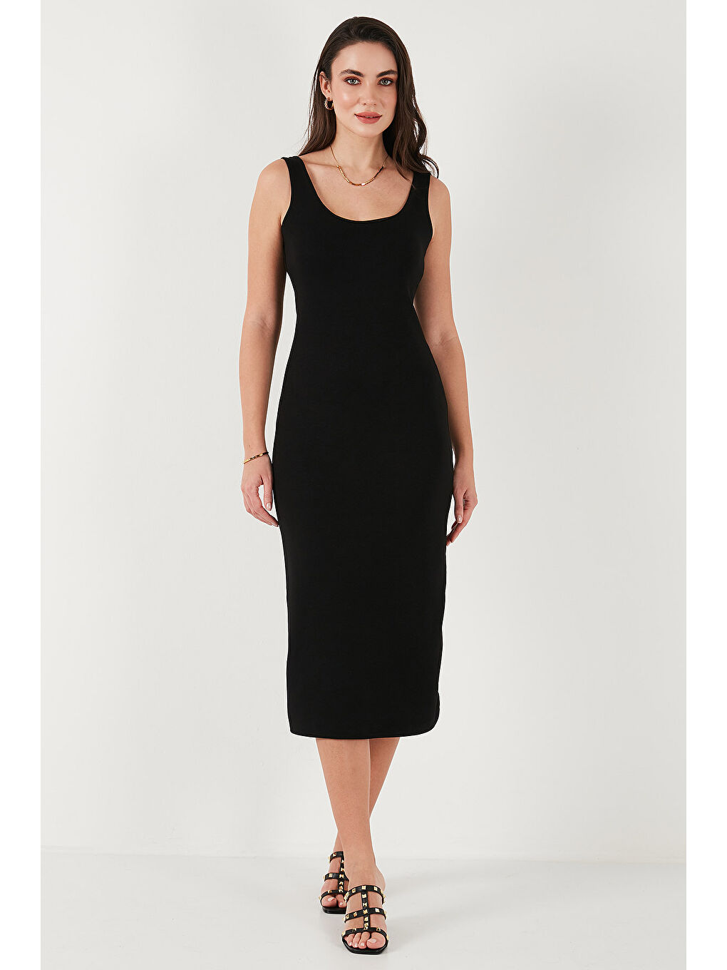 Siyah Slim Fit Kalın Askılı Midi Kadın Elbise 5866154-1