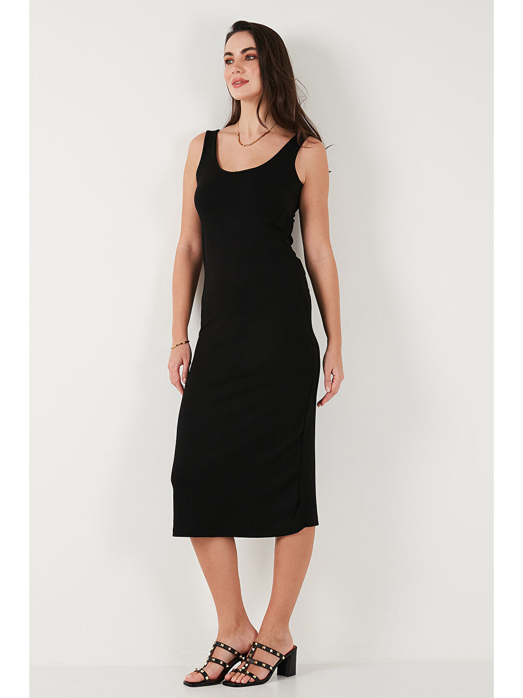 Siyah Slim Fit Kalın Askılı Midi Kadın Elbise 5866154-4