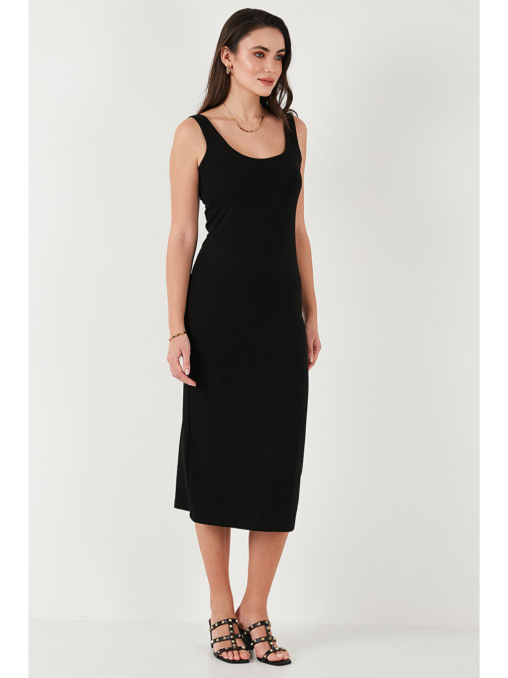 Siyah Slim Fit Kalın Askılı Midi Kadın Elbise 5866154-5