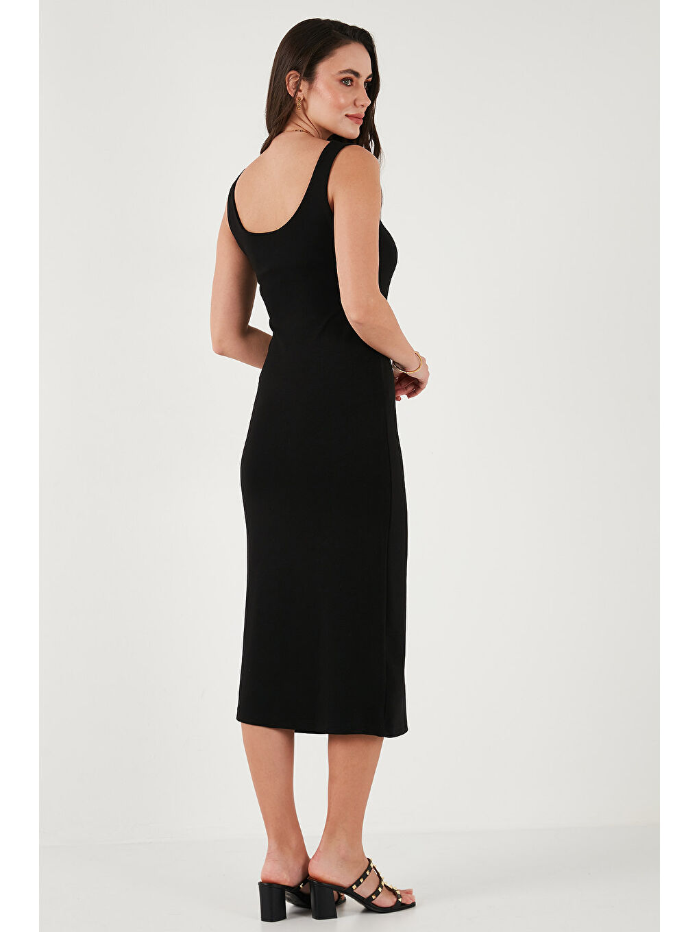 Siyah Slim Fit Kalın Askılı Midi Kadın Elbise 5866154-6