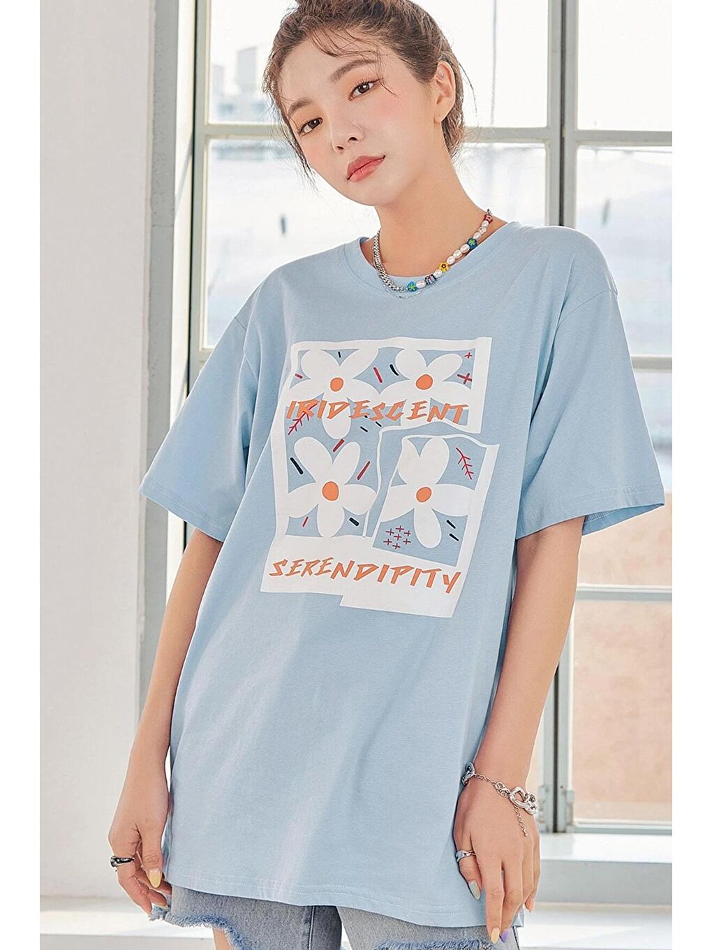 uyguntarz Bebek Mavisi Unisex Serendipity Baskılı Oversize Tshirt - 1