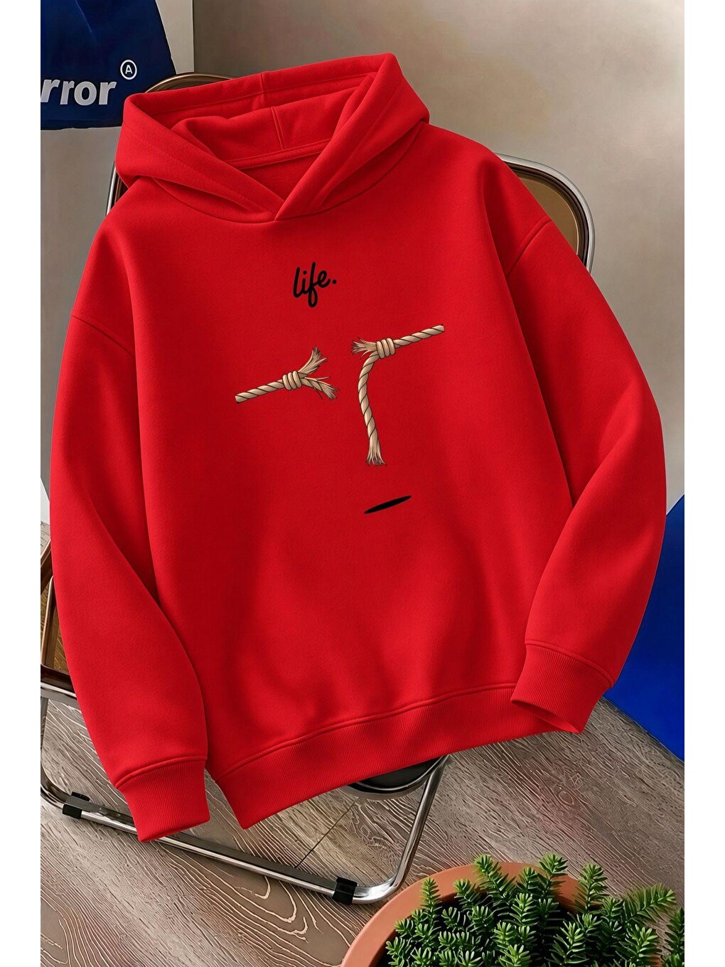 Kırmızı Sw Life Design Minimalist İllüstrasyon Baskılı Unisex Kapüşonlu Sweatshirt-büyük Beden Seçenekli