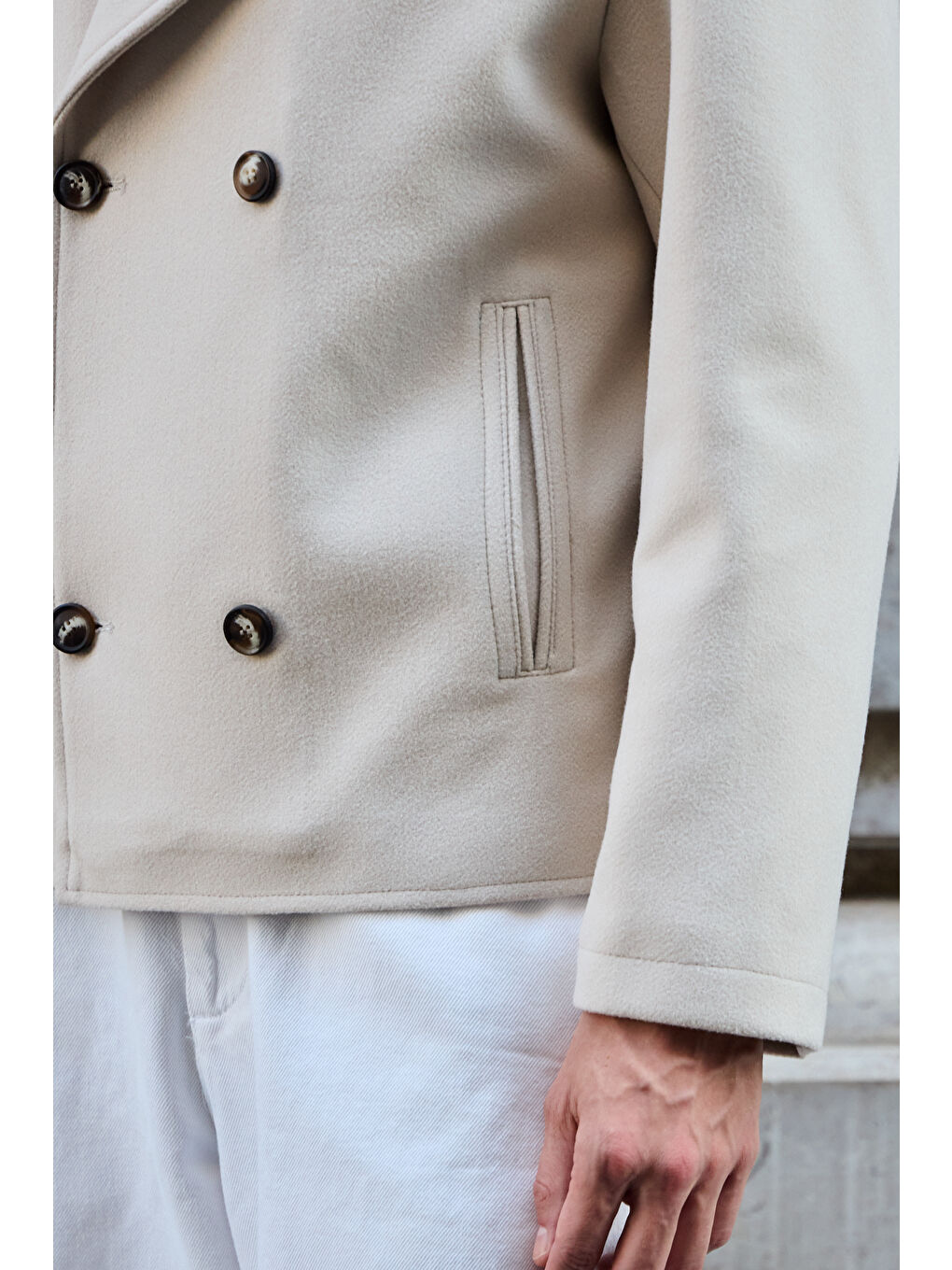Erkek Kruvaze Kaşe Mont Ceket Ekru-2