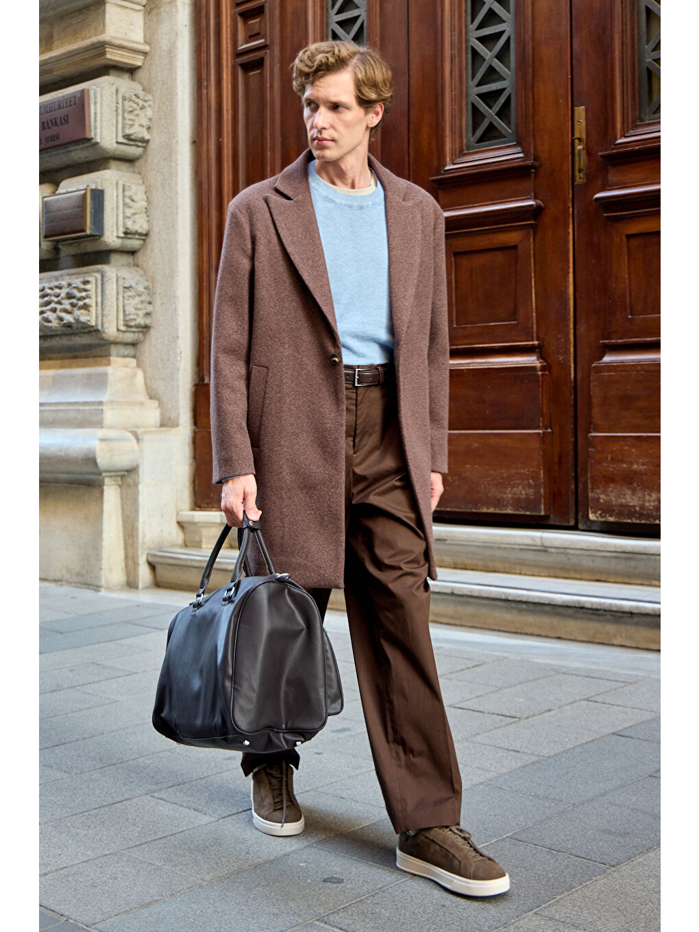 Erkek Rahat Kesim Kaşe Palto Kahverengi-3