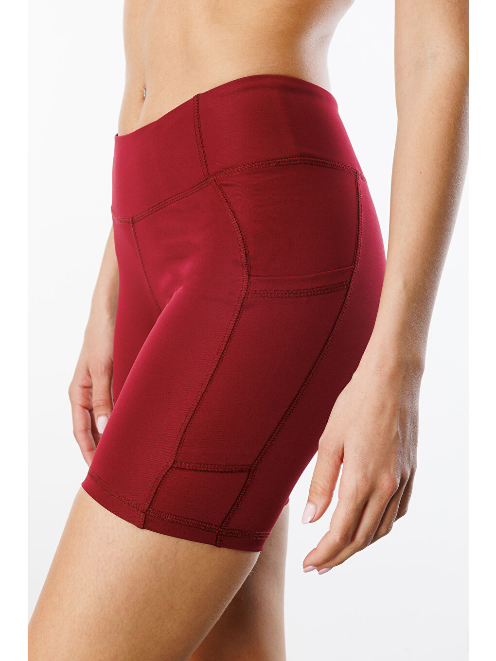 Bordo Yüksek Bel Toparlayıcı Çift Cepli Biker Şort Kısa Spor Tayt KISA-TAYT