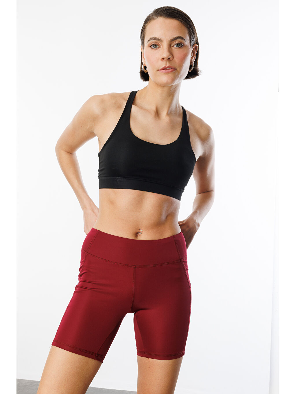 Bordo Yüksek Bel Toparlayıcı Çift Cepli Biker Şort Kısa Spor Tayt KISA-TAYT-2