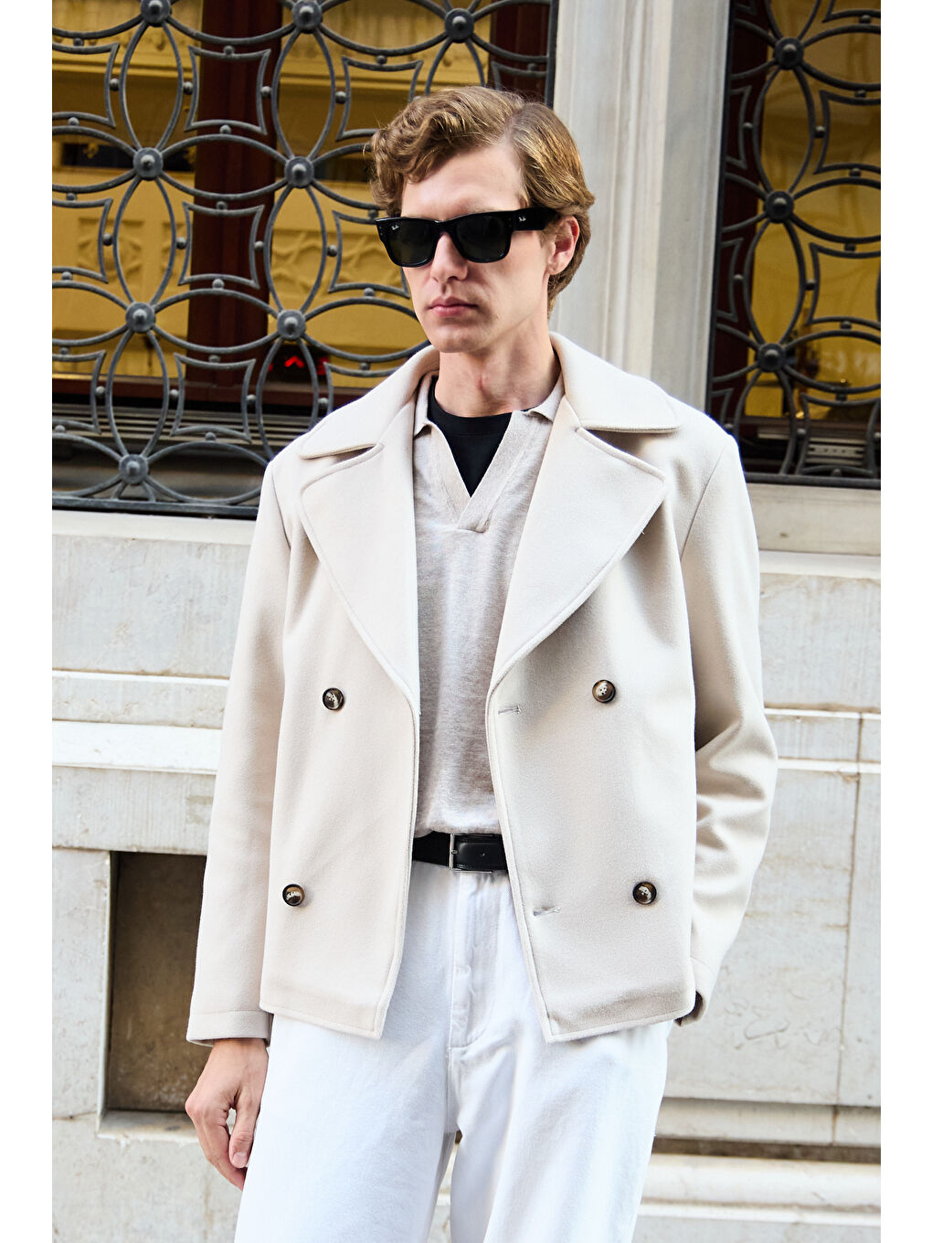 Erkek Kruvaze Kaşe Mont Ceket Ekru-3