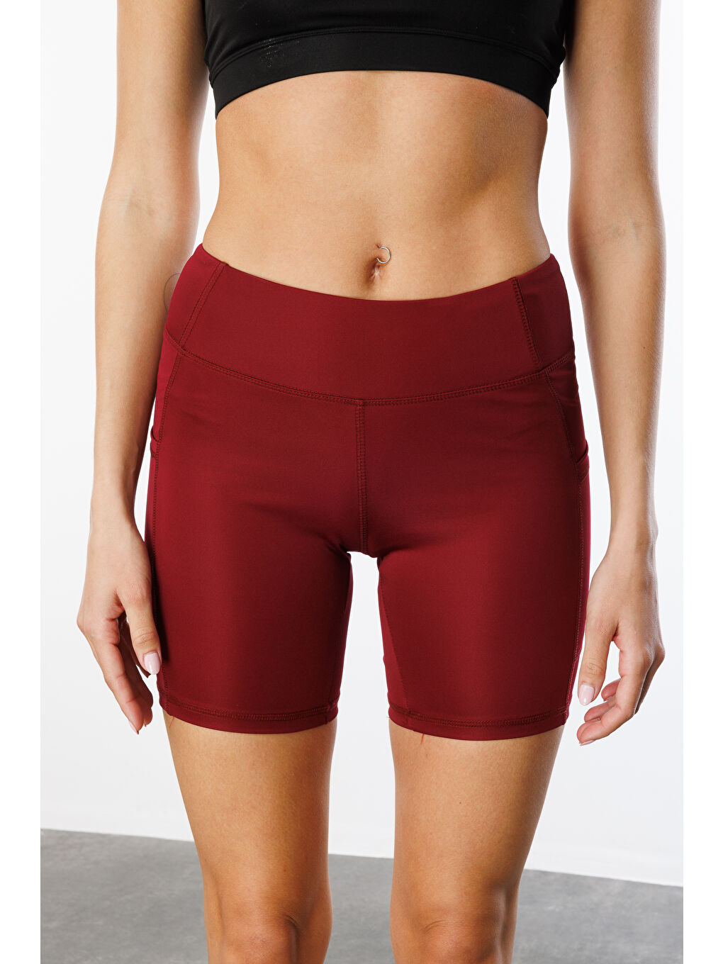 Bordo Yüksek Bel Toparlayıcı Çift Cepli Biker Şort Kısa Spor Tayt KISA-TAYT-3