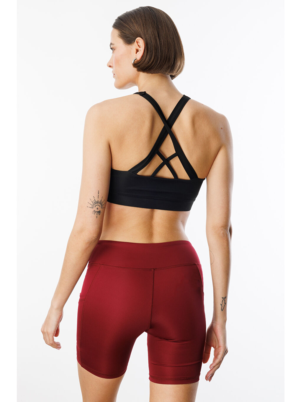 Bordo Yüksek Bel Toparlayıcı Çift Cepli Biker Şort Kısa Spor Tayt KISA-TAYT-4