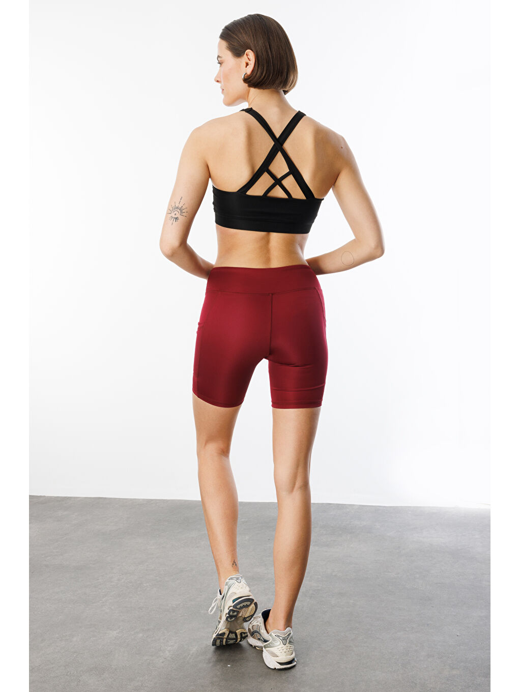 Bordo Yüksek Bel Toparlayıcı Çift Cepli Biker Şort Kısa Spor Tayt KISA-TAYT-5