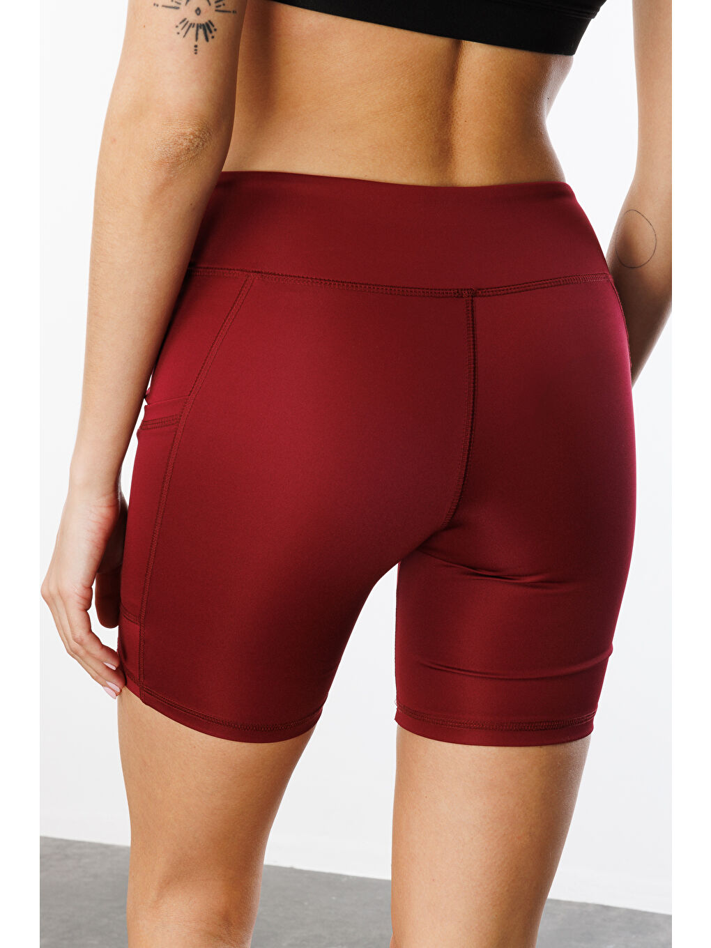 Bordo Yüksek Bel Toparlayıcı Çift Cepli Biker Şort Kısa Spor Tayt KISA-TAYT-6