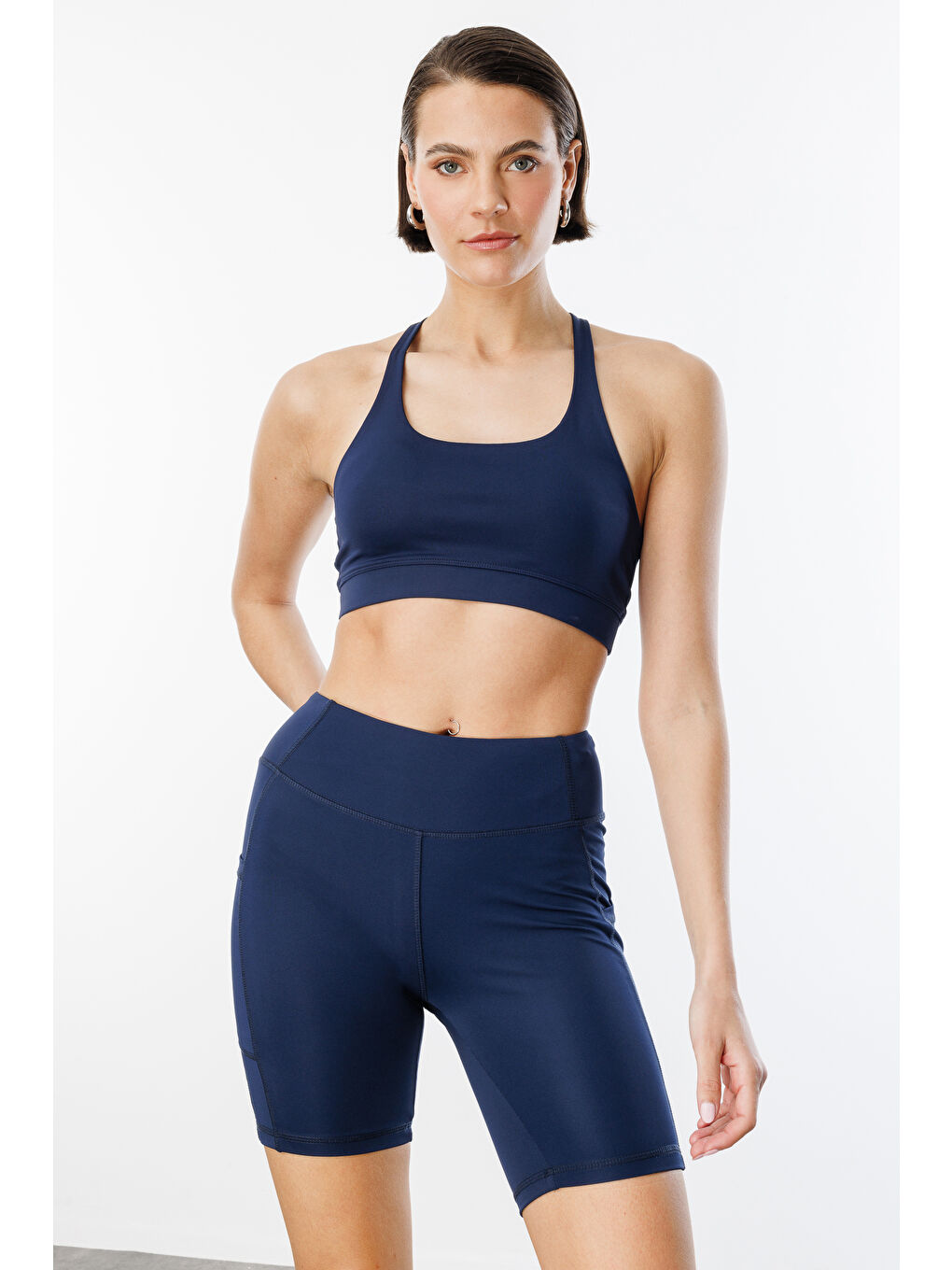 Lacivert Yüksek Bel Toparlayıcı Çift Cepli Biker Şort Kısa Spor Tayt KISA-TAYT-3