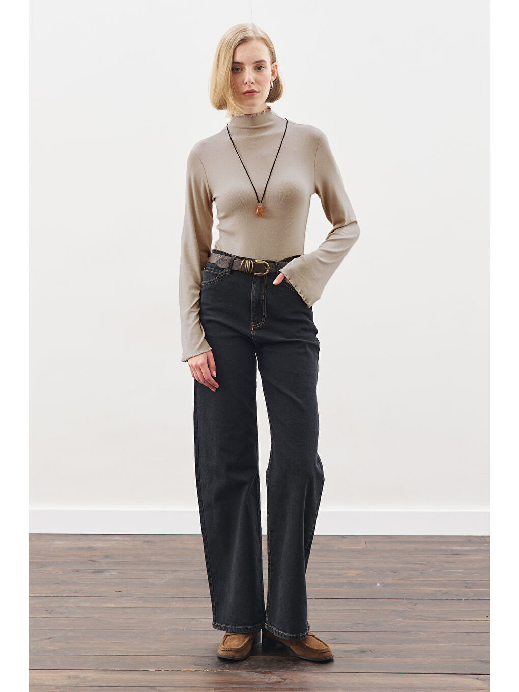 Bej Balıkçı Yaka Bluz Vizon-3