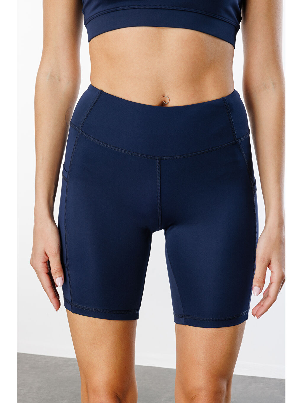 Lacivert Yüksek Bel Toparlayıcı Çift Cepli Biker Şort Kısa Spor Tayt KISA-TAYT-4