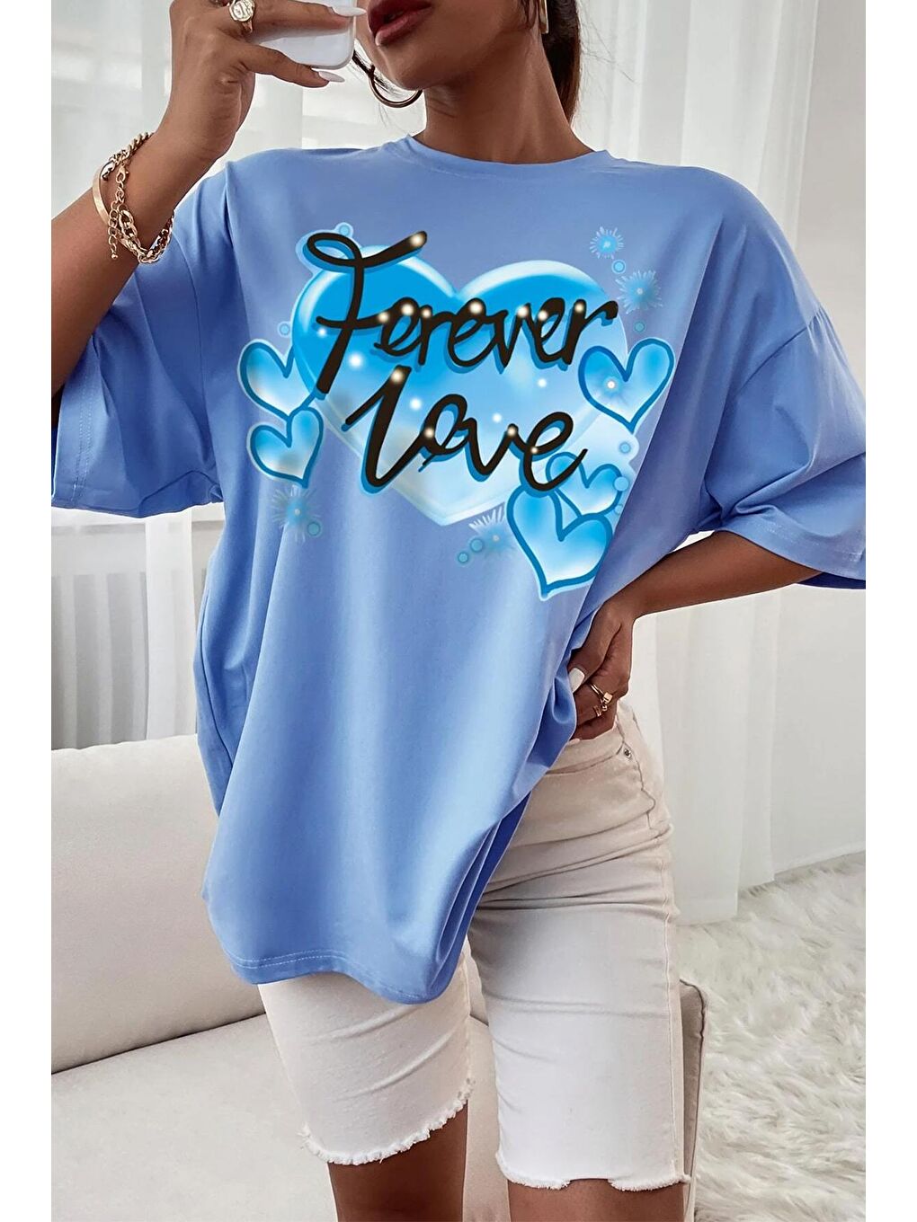 uyguntarz Bebek Mavisi Unisex Forever Love Baskılı Oversize Tshirt