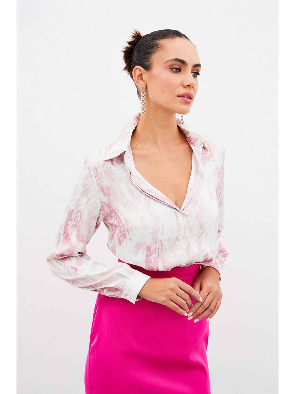 SATEEN Pembe Desenli Düz Gömlek - Pudra - 3