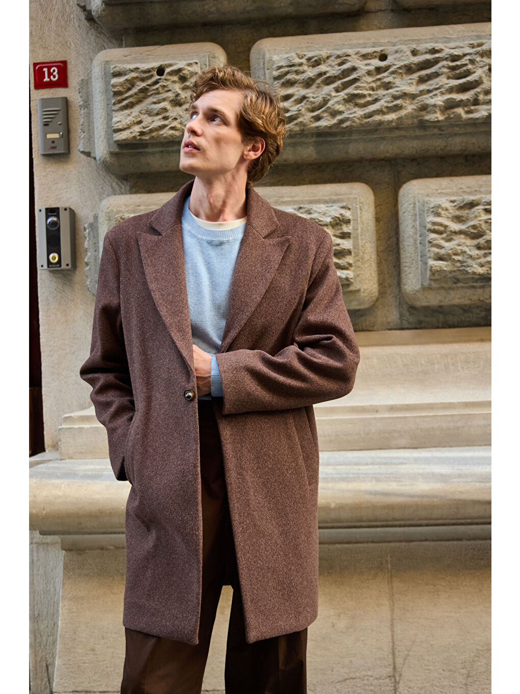 Erkek Rahat Kesim Kaşe Palto Kahverengi-5