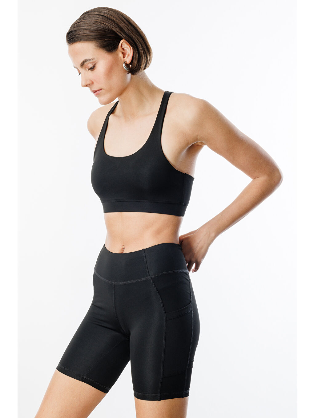Siyah Yüksek Bel Toparlayıcı Çift Cepli Biker Şort Kısa Spor Tayt KISA-TAYT-2