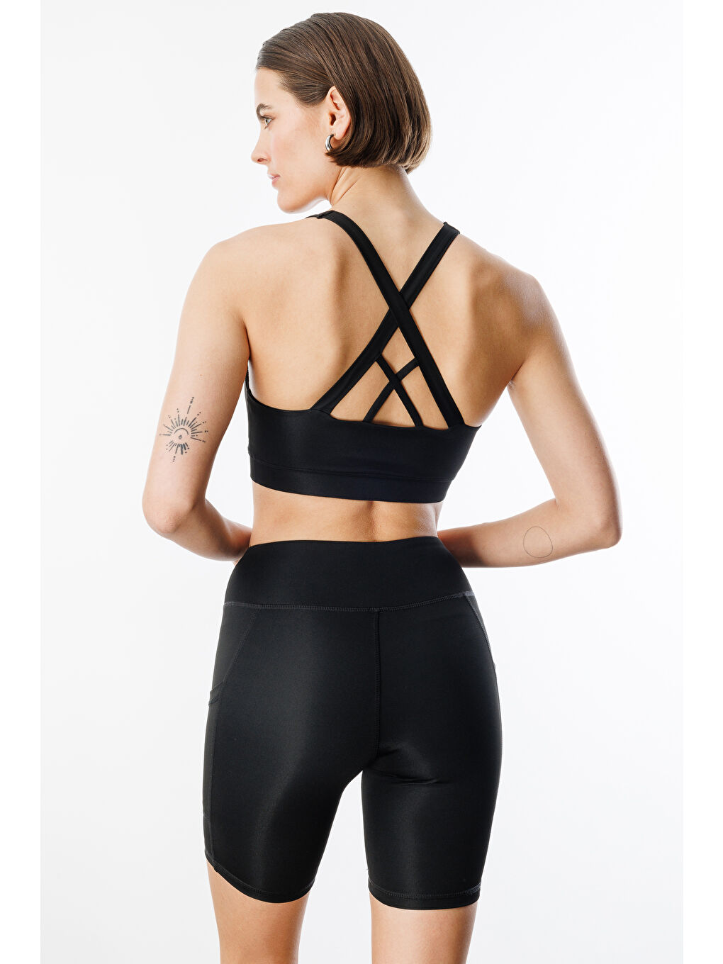 Siyah Yüksek Bel Toparlayıcı Çift Cepli Biker Şort Kısa Spor Tayt KISA-TAYT-3