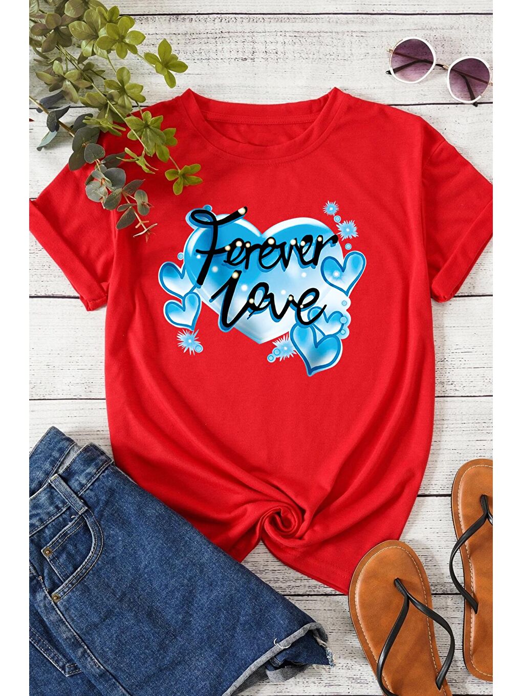 uyguntarz Kırmızı Unisex Forever Love Baskılı Oversize Tshirt