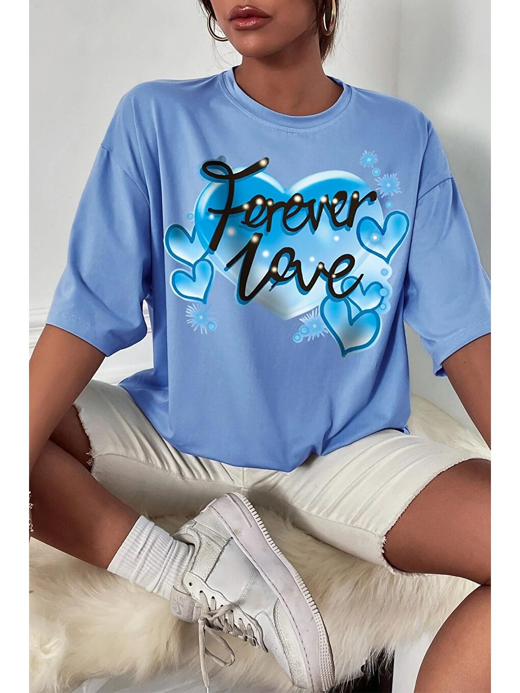 uyguntarz Bebek Mavisi Unisex Forever Love Baskılı Oversize Tshirt - 2