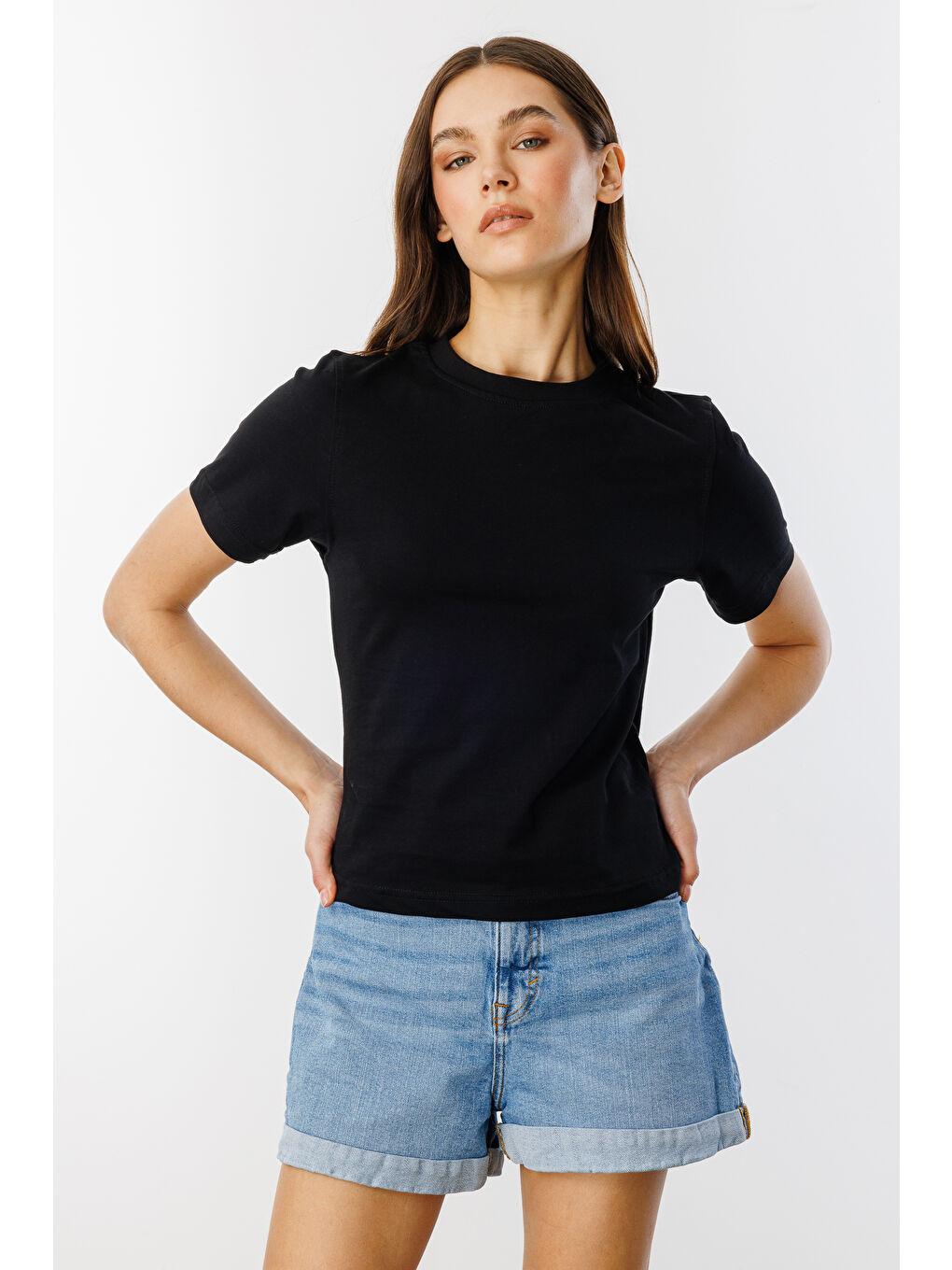 Siyah Kadın T-shirt Kısa Kollu Organik Pamuklu Bisiklet Yaka Crop T-shirt KADIN-T-SHIRT