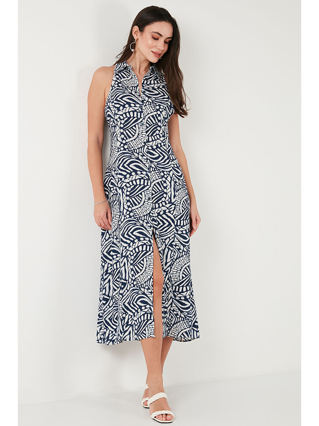 İndigo Desenli Slim Fit Düğmeli Midi Boy Kadın Gömlek Elbise 6772451-2