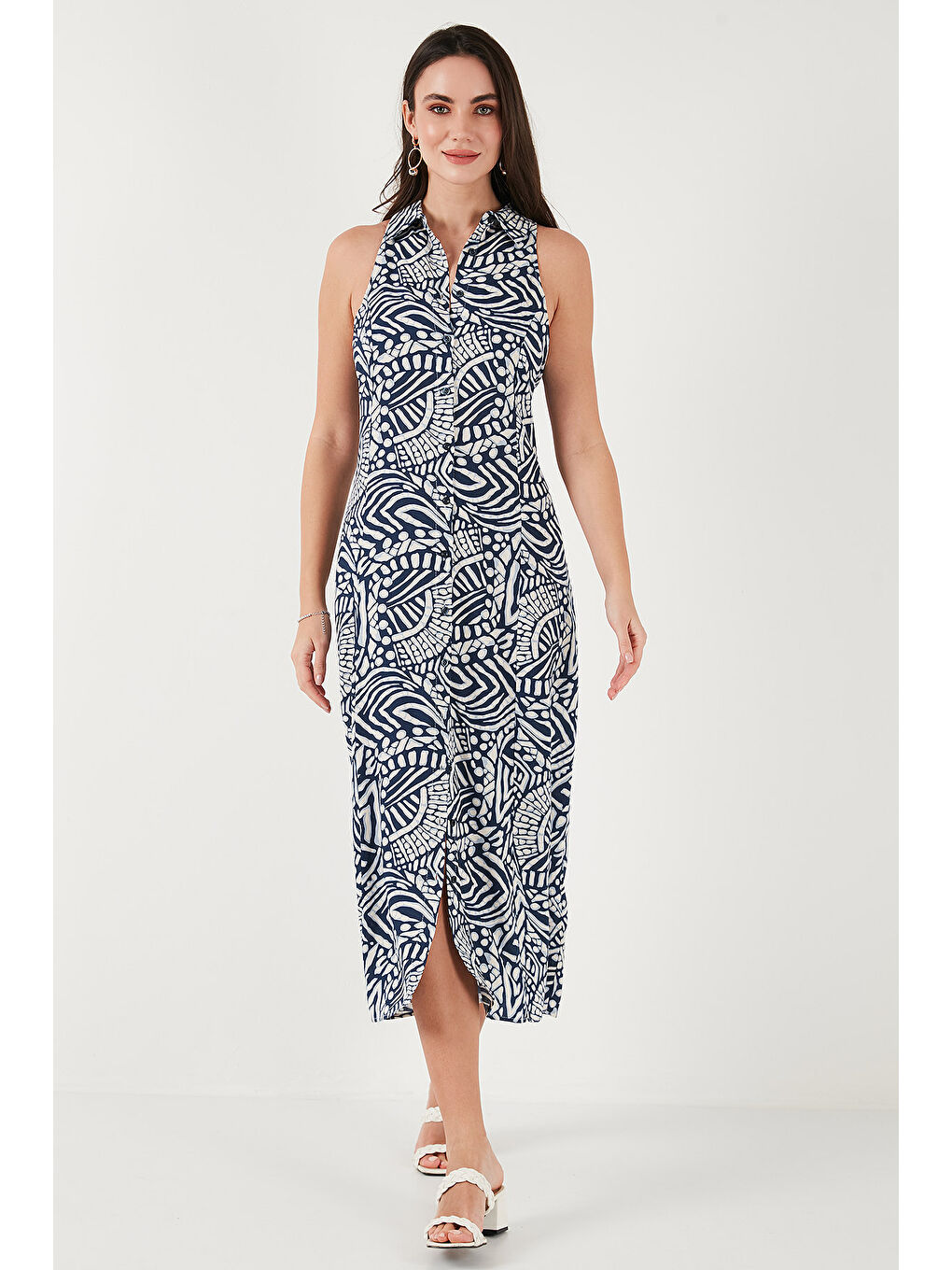 İndigo Desenli Slim Fit Düğmeli Midi Boy Kadın Gömlek Elbise 6772451-3