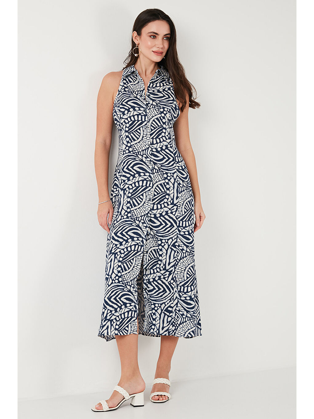 İndigo Desenli Slim Fit Düğmeli Midi Boy Kadın Gömlek Elbise 6772451-4