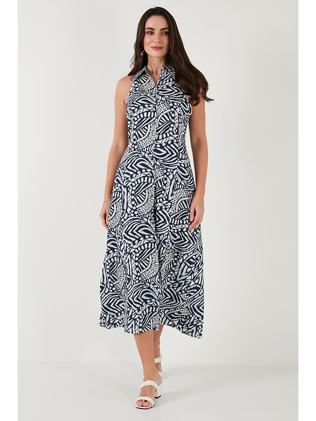 İndigo Desenli Slim Fit Düğmeli Midi Boy Kadın Gömlek Elbise 6772451-5