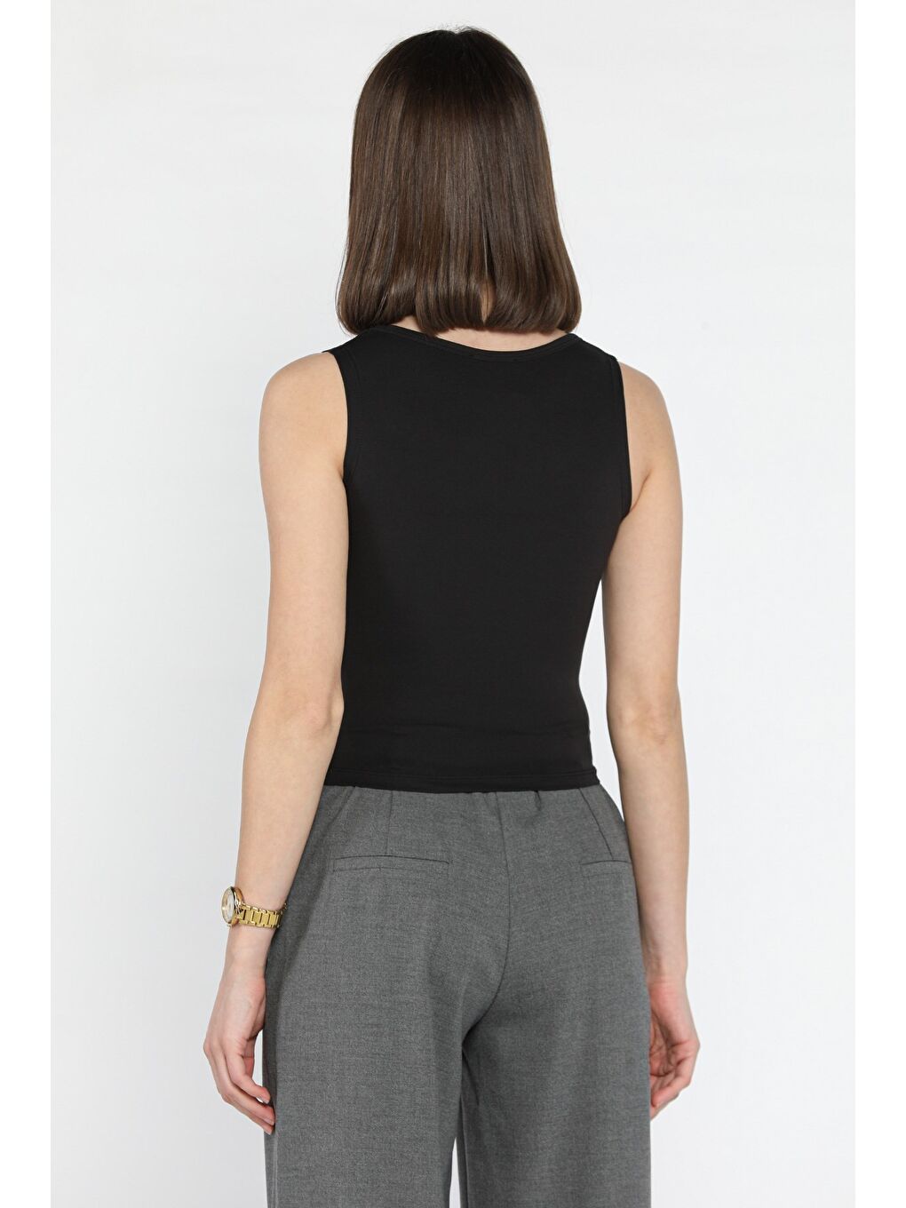 Siyah Kadın Modal Kumaş Sıfır Kol Elastanlı Crop Top Bluz-2