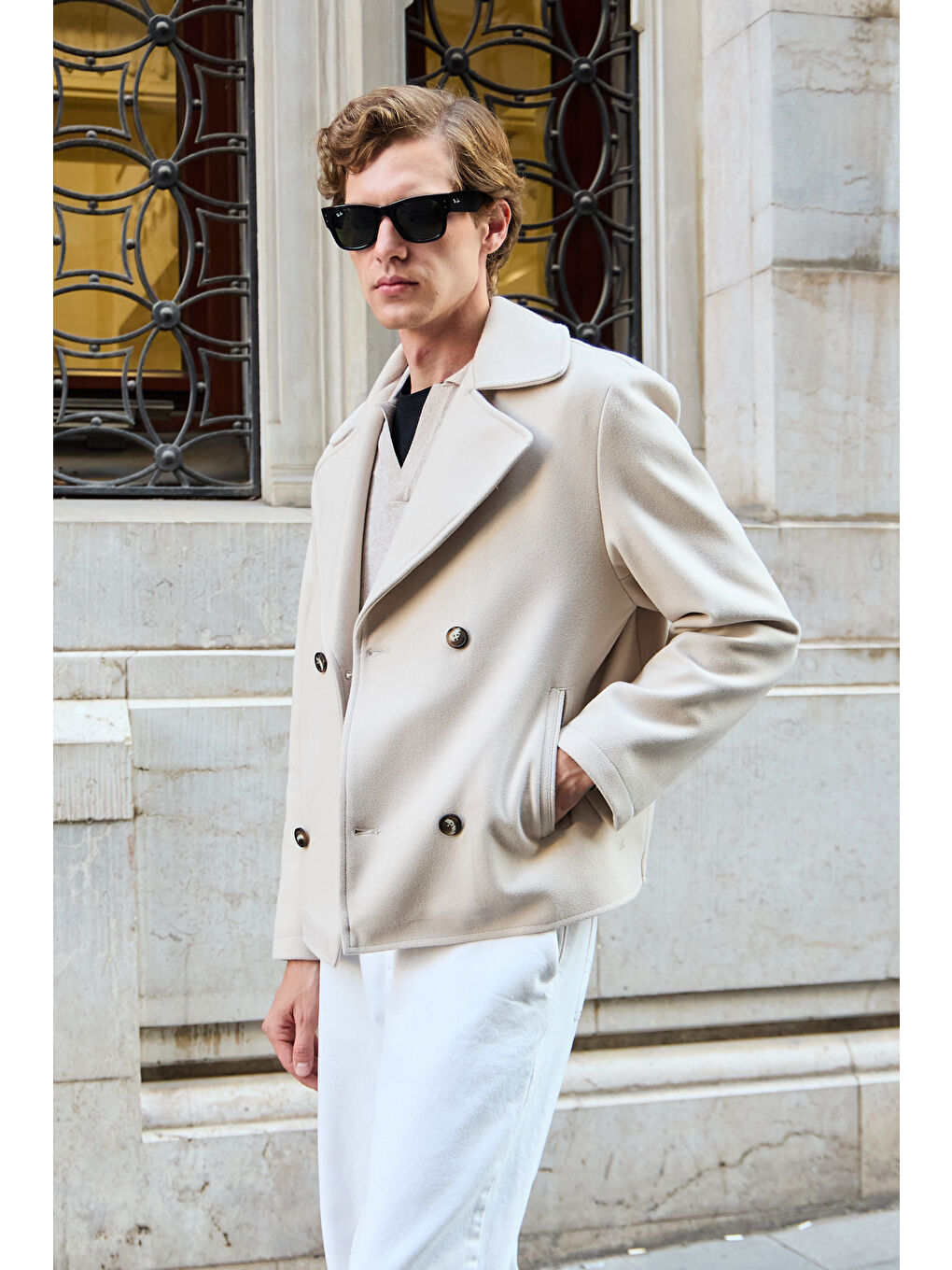 Erkek Kruvaze Kaşe Mont Ceket Ekru-6