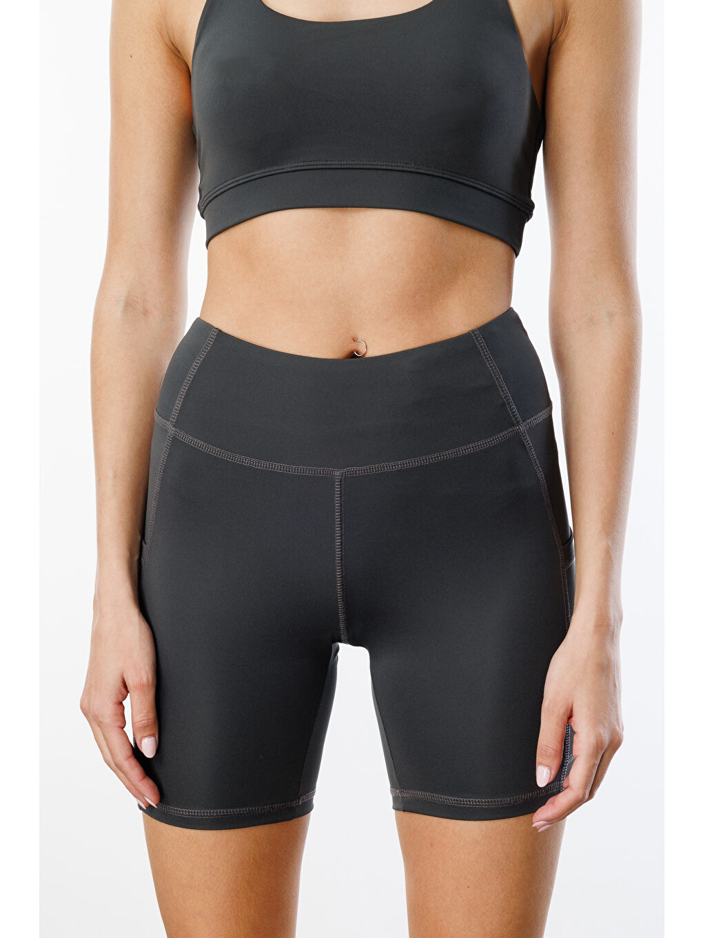 Gri Yüksek Bel Toparlayıcı Çift Cepli Biker Şort Kısa Spor Tayt KISA-TAYT-8