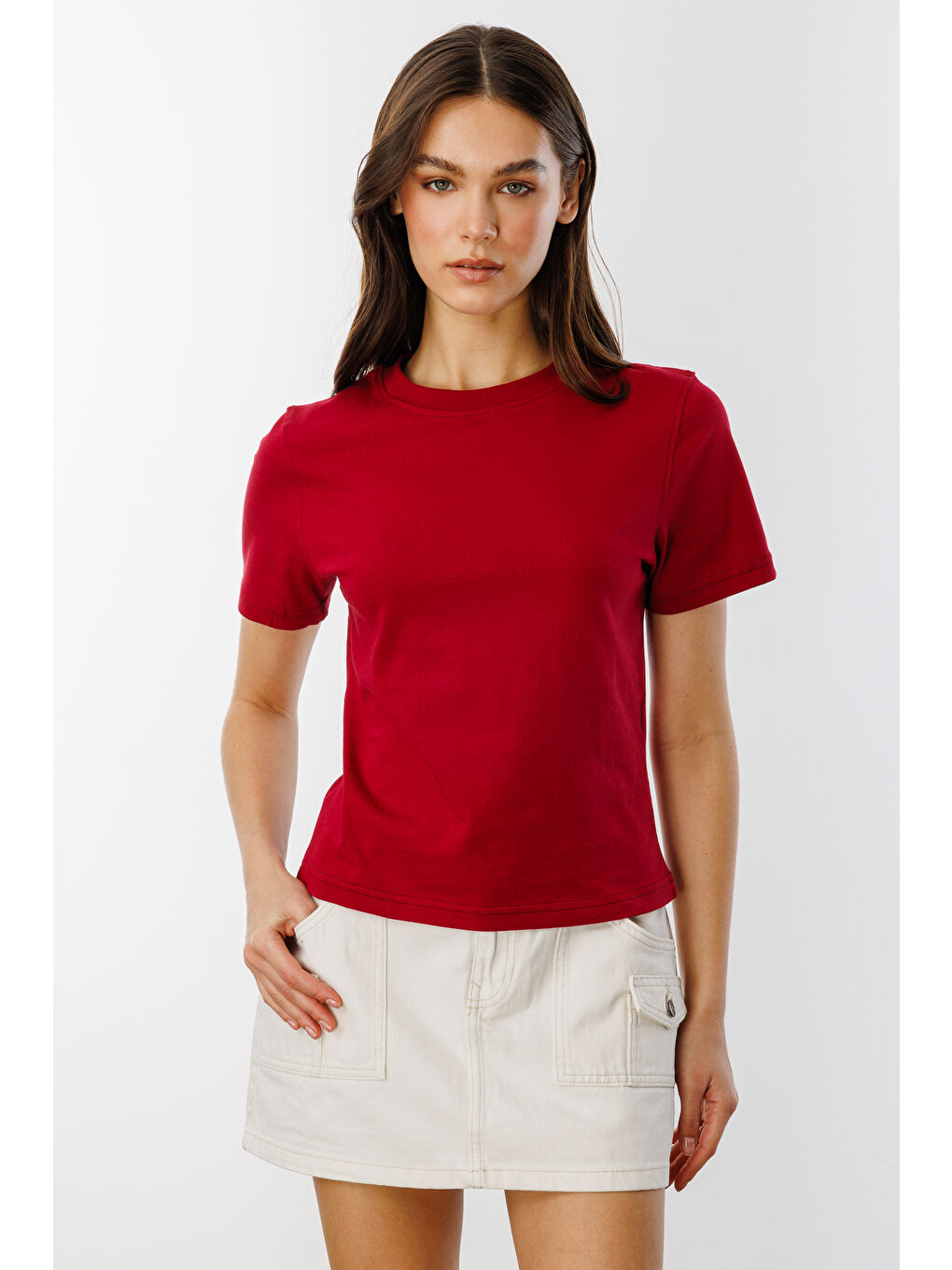 Bordo Kadın T-shirt Kısa Kollu Organik Pamuklu Bisiklet Yaka Crop T-shirt KADIN-T-SHIRT